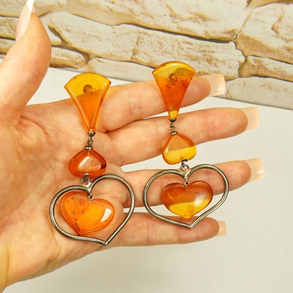 ANTIQUE AMBER EXTRA LONG EARRINGS, UNIQUE GIFT FOR WOMEN - Picture 10 of 10